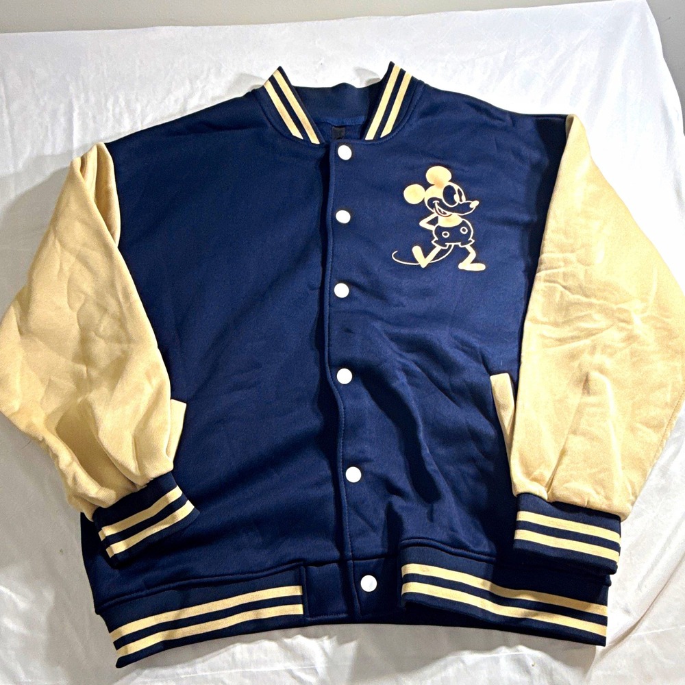 Disney Mickey Mouse Varsity Jacket Blue/Beige Adult Size L Disney Franchise NWOT
